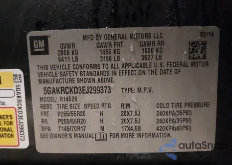 2014 Buick Enclave Premium from USA, damaged, VIN 5GAKRCKD3EJ299373